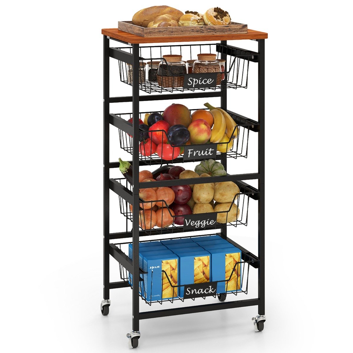 4/5-Tier Kitchen Storage Cart with Wooden Top and DIY Chalk Labels-4-Tier