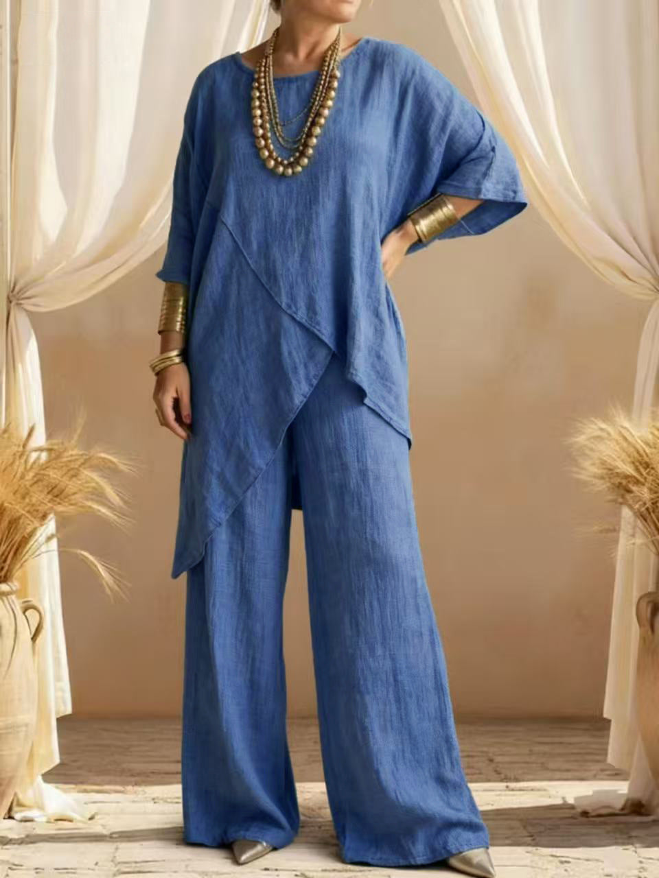 Womens Cotton-linen Crew-neck Loose Casual Two-pieces Set
