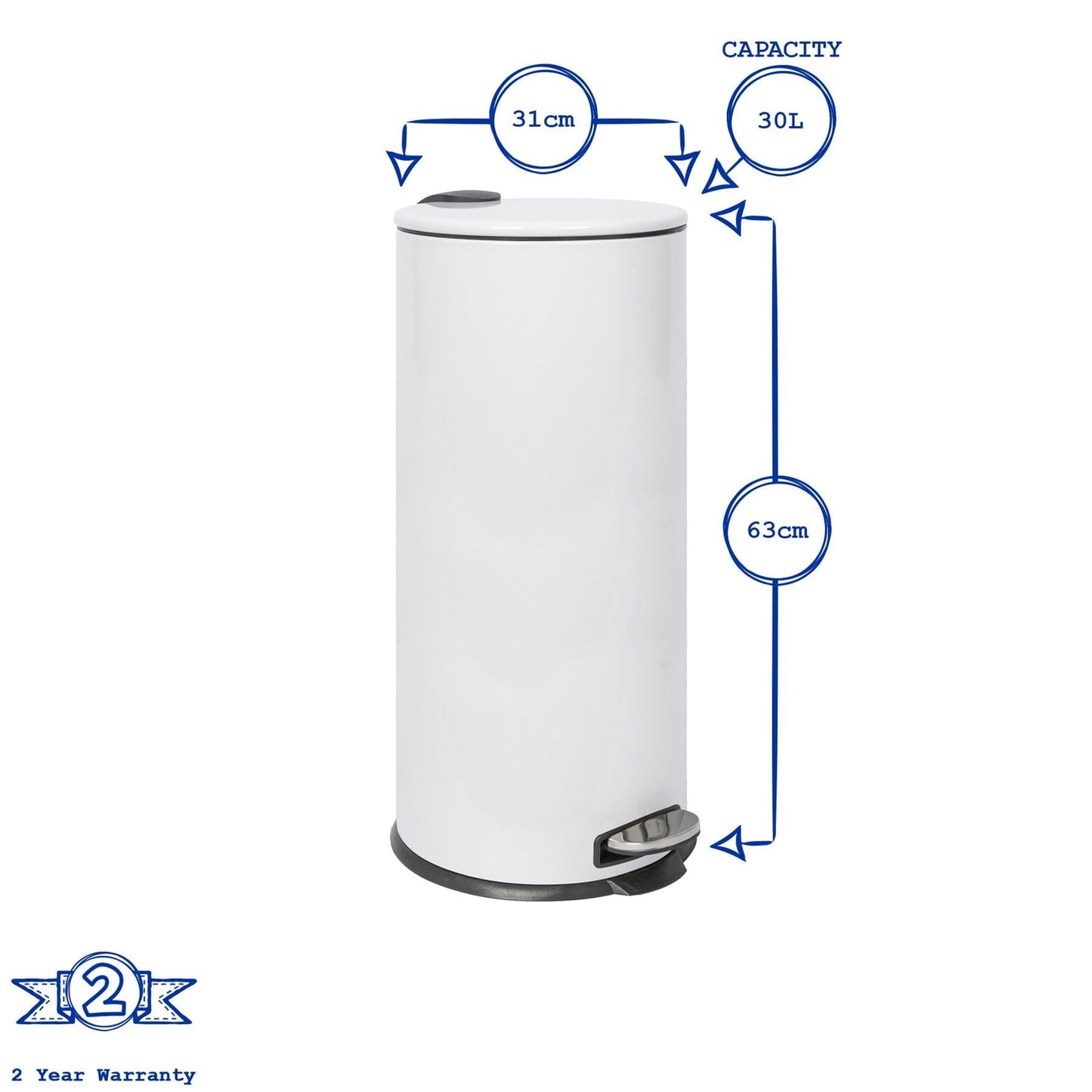30L Chrome Round Stainless Steel Kitchen Pedal Bin