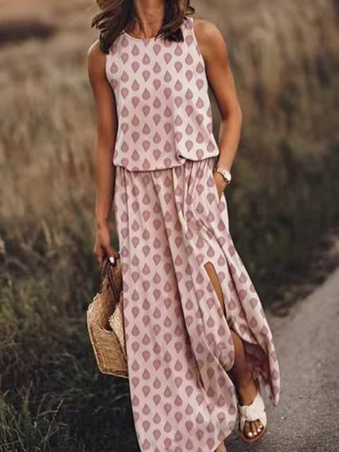 Women's Round Neck Sleeveless Split Solid Color Dress