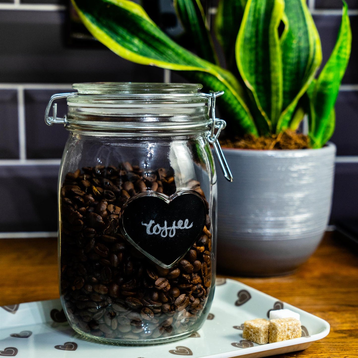 1L Air tight Glass Storage Jar with Embossed Heart Detail & Label - Pack of Six