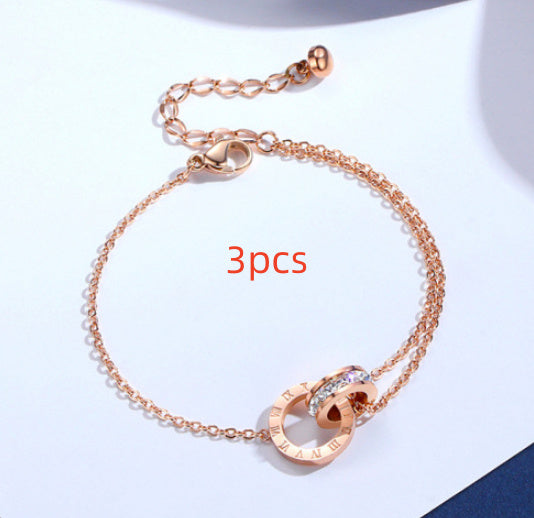 Luxury Diamond Zircon Roman Numeral Titanium Steel Bracelet for Women - Rose Gold