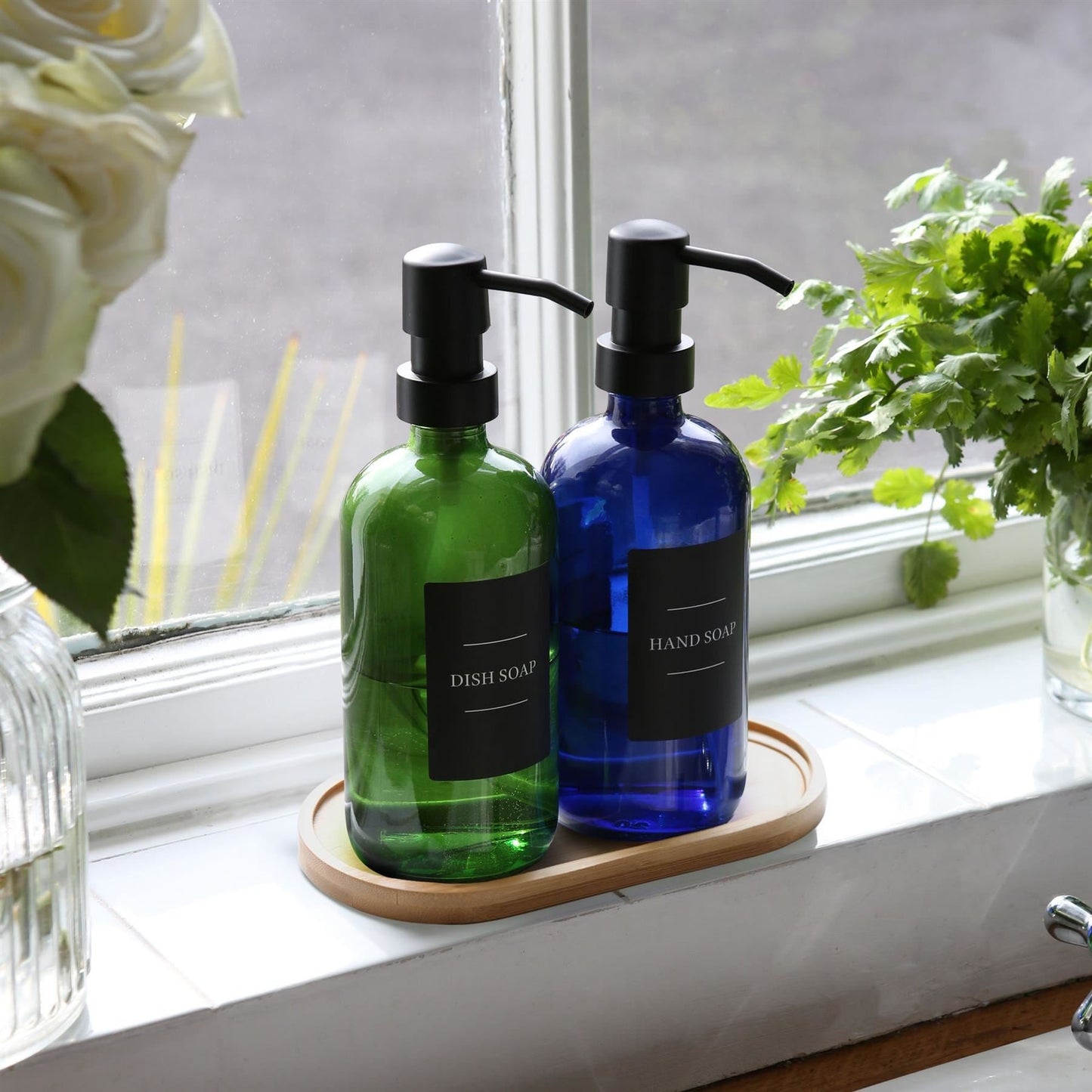 2pc 500ml Blue Glass Soap Dispenser with Black Labels & Bamboo Tray