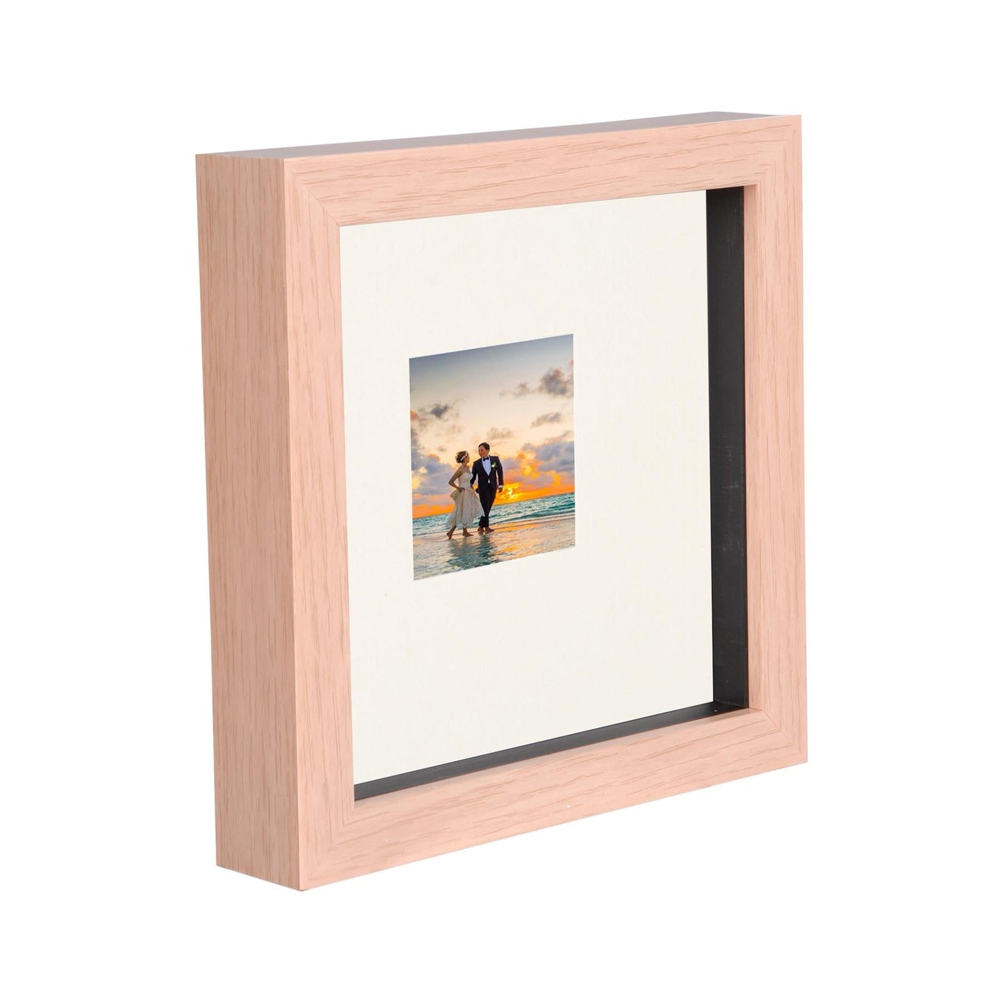 6" x 6" Light Wood 3D Deep Box Photo Frame - with 2" x 2" Mount