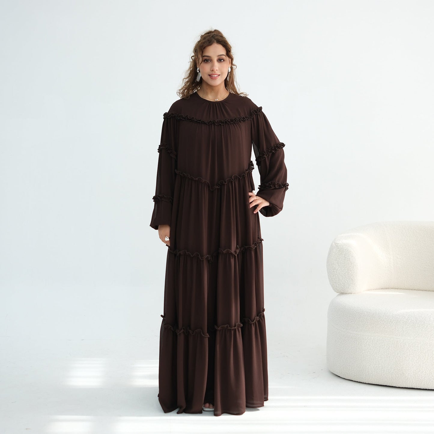 Lace-Trimmed Tiered Modest Dress - Long Sleeve A-Line Maxi