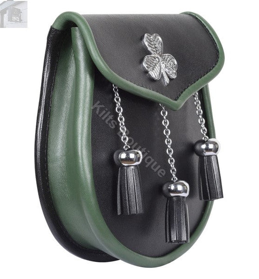 Leather Handmade Scottish Kilt Semi Dress Sporran and Belt Shamrock Leaf Badge