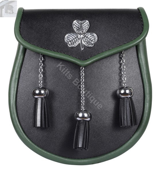 Leather Handmade Scottish Kilt Semi Dress Sporran and Belt Shamrock Leaf Badge
