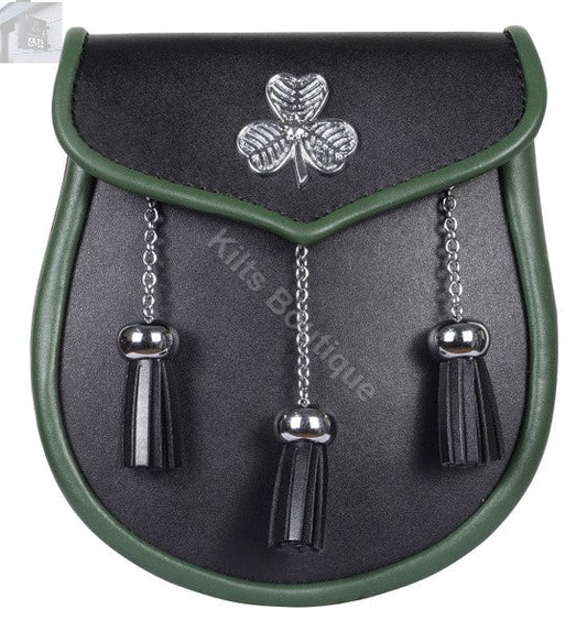 Leather Handmade Scottish Kilt Semi Dress Sporran and Belt Shamrock Leaf Badge