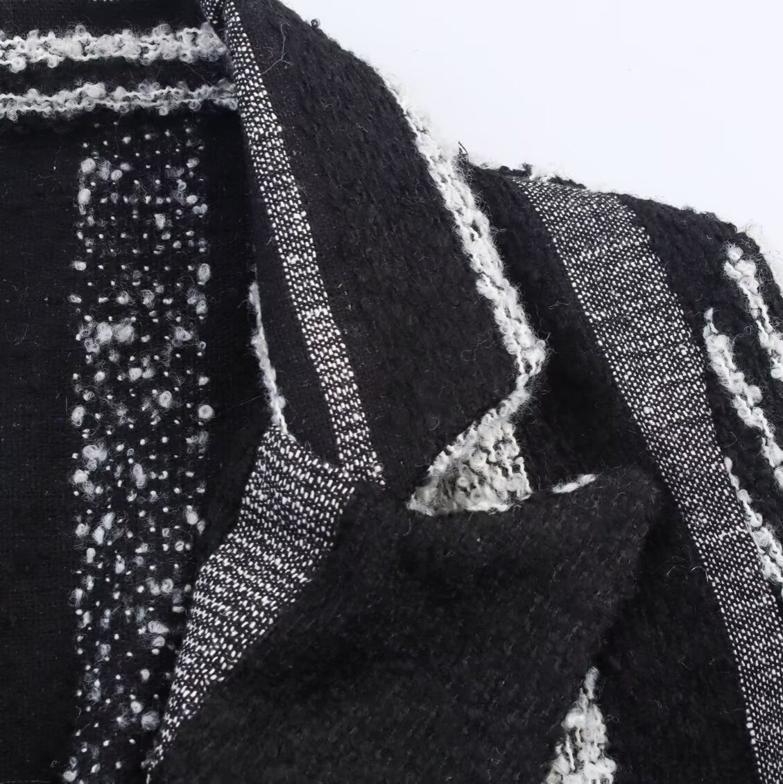 Women's Elegant Black And White Striped Woolen Coat