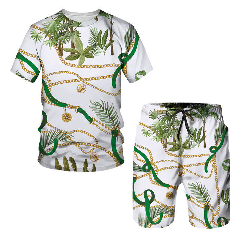 Men's Chain Pattern Digital Printed T-Shirt & Shorts, Two-Pieces Set
