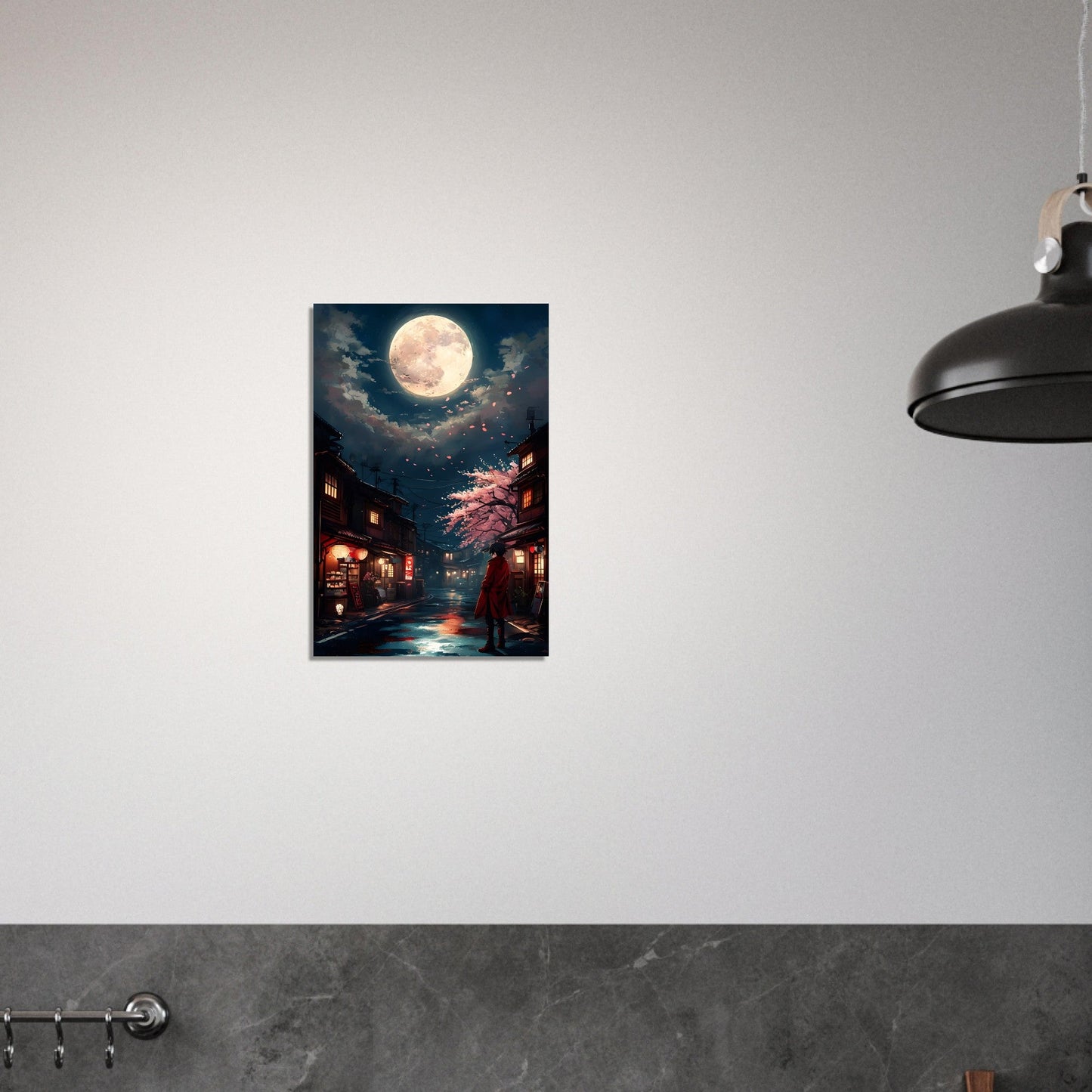 Japanese Cityscape Night Poster – Urban Glow Under the Moon