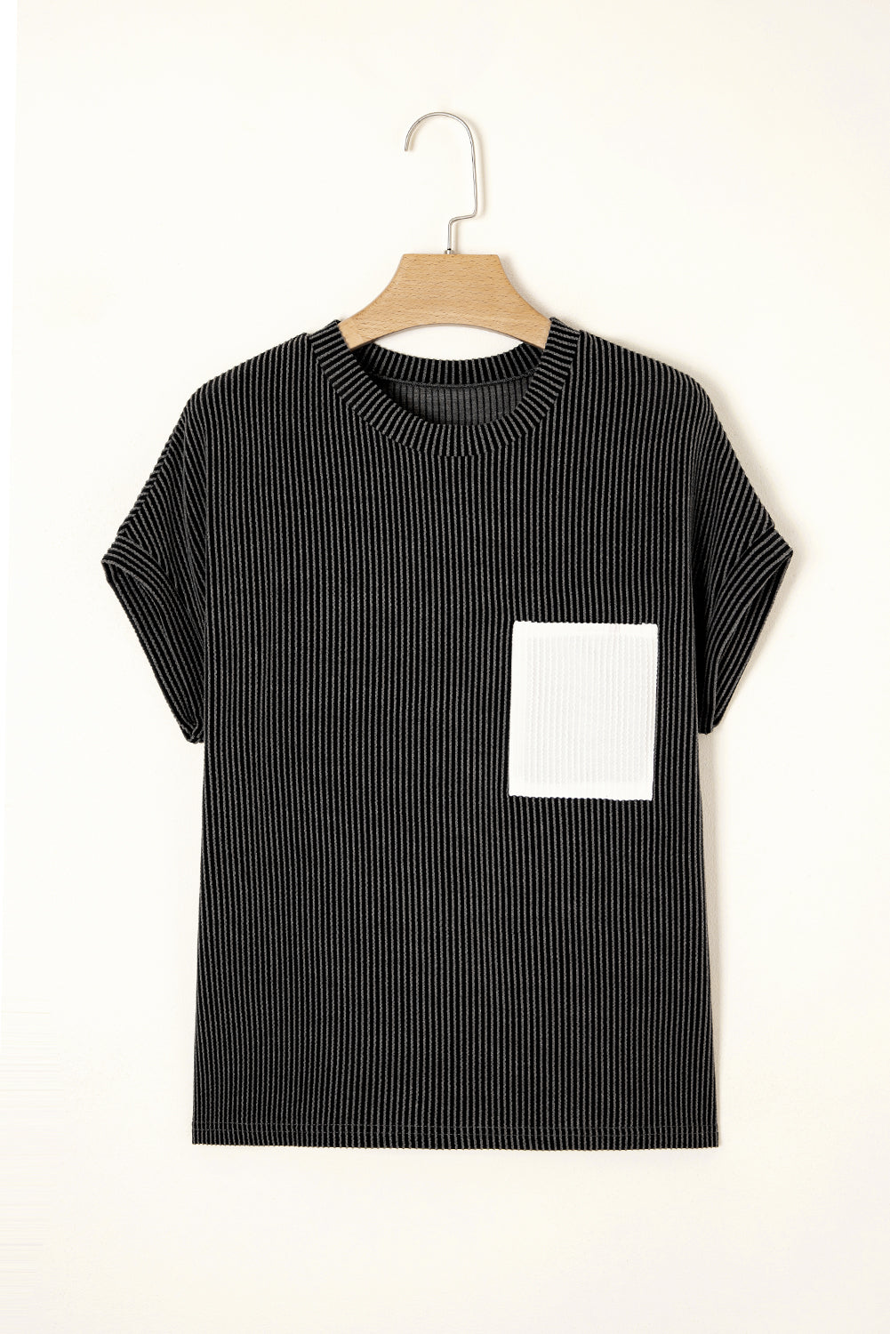 Light Blue Corded Knit Color Block Pocketed Crew Neck T Shirt