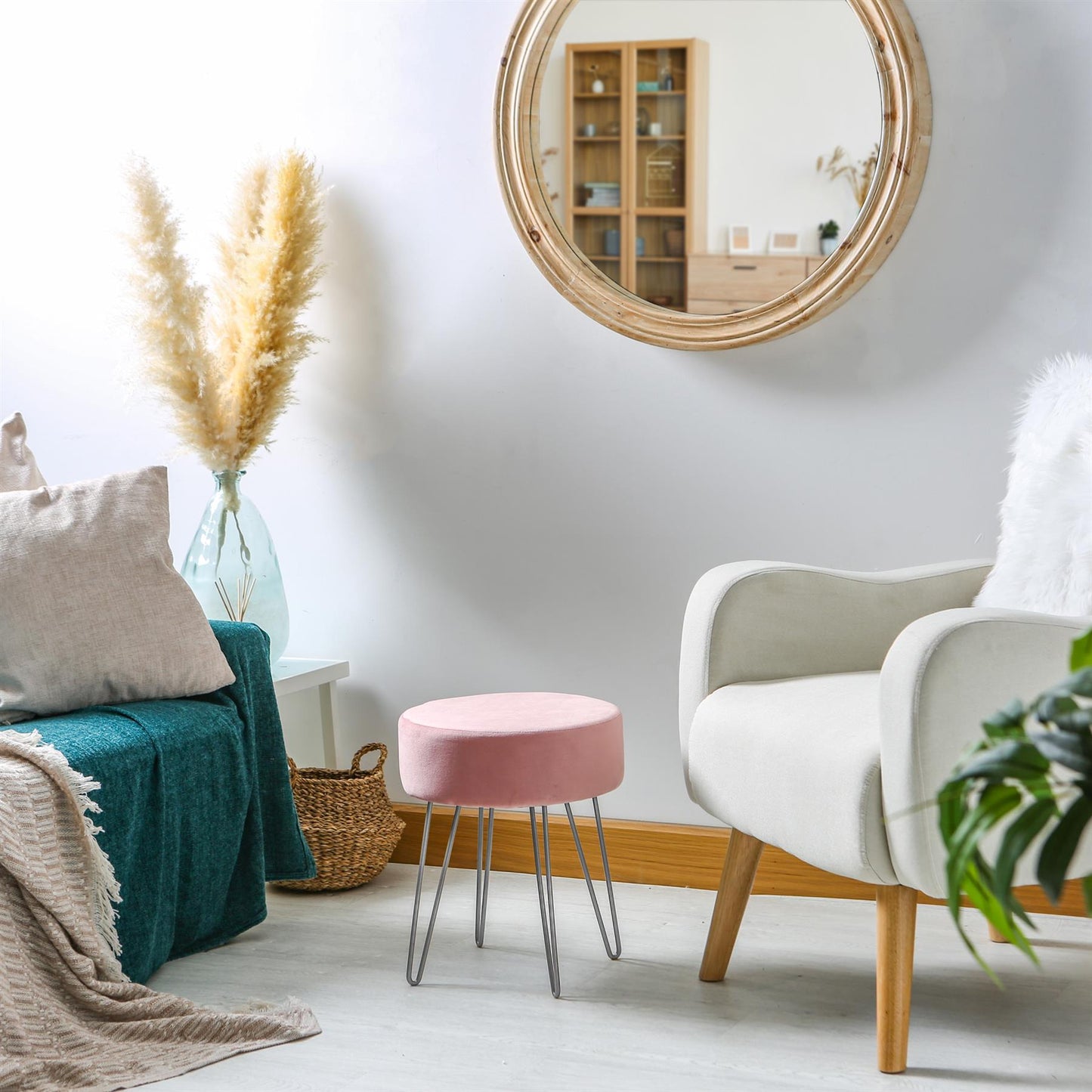 Pink Round Velvet Footstool