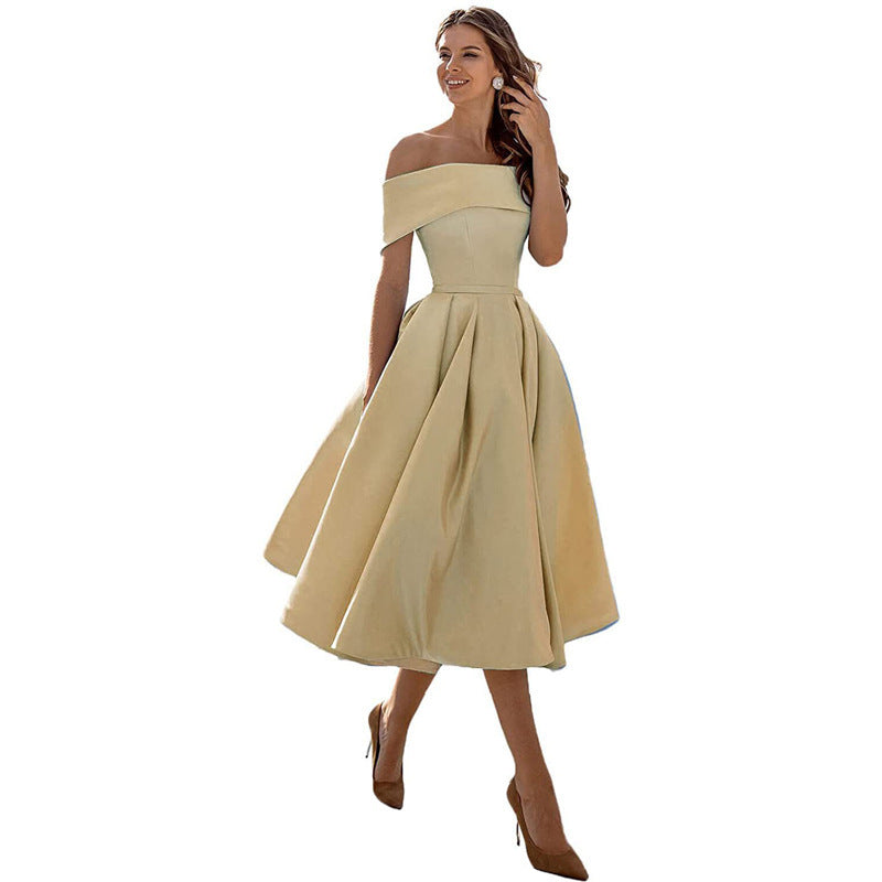 Women's Fashion Casual Strapless Satin Party Dress Off The Shoulder Tea Length Satin Prom Dresses With Pockts Formal Evening Party Dress