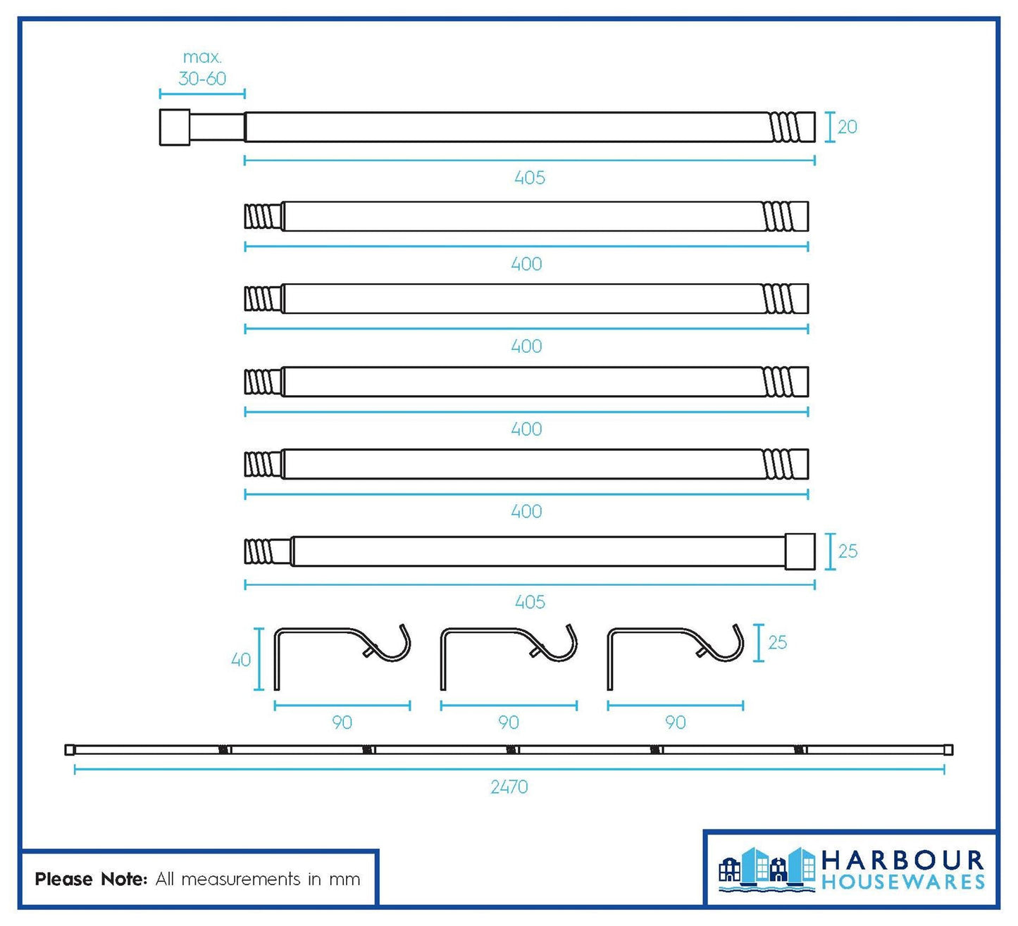 Extendable Metal Curtain Pole Kit - 77 to 250cm