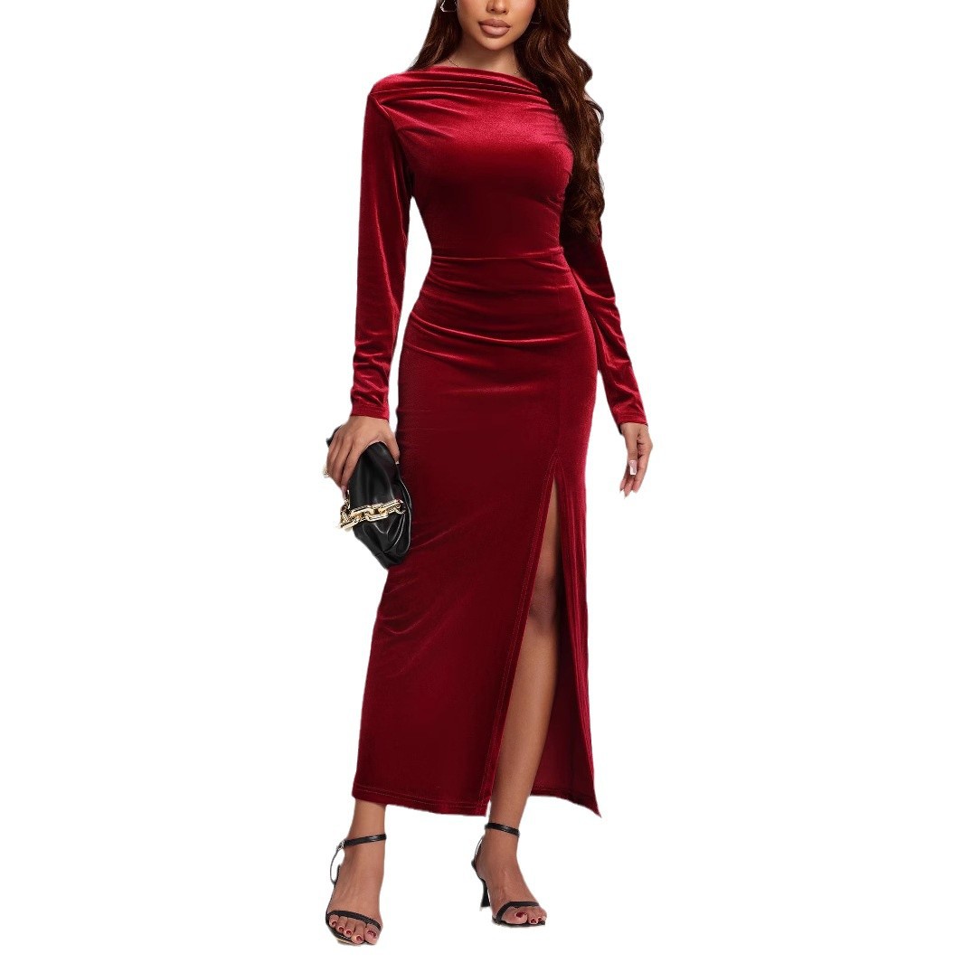 Women's Clothing Slit Formal Dress Pleuche Dress