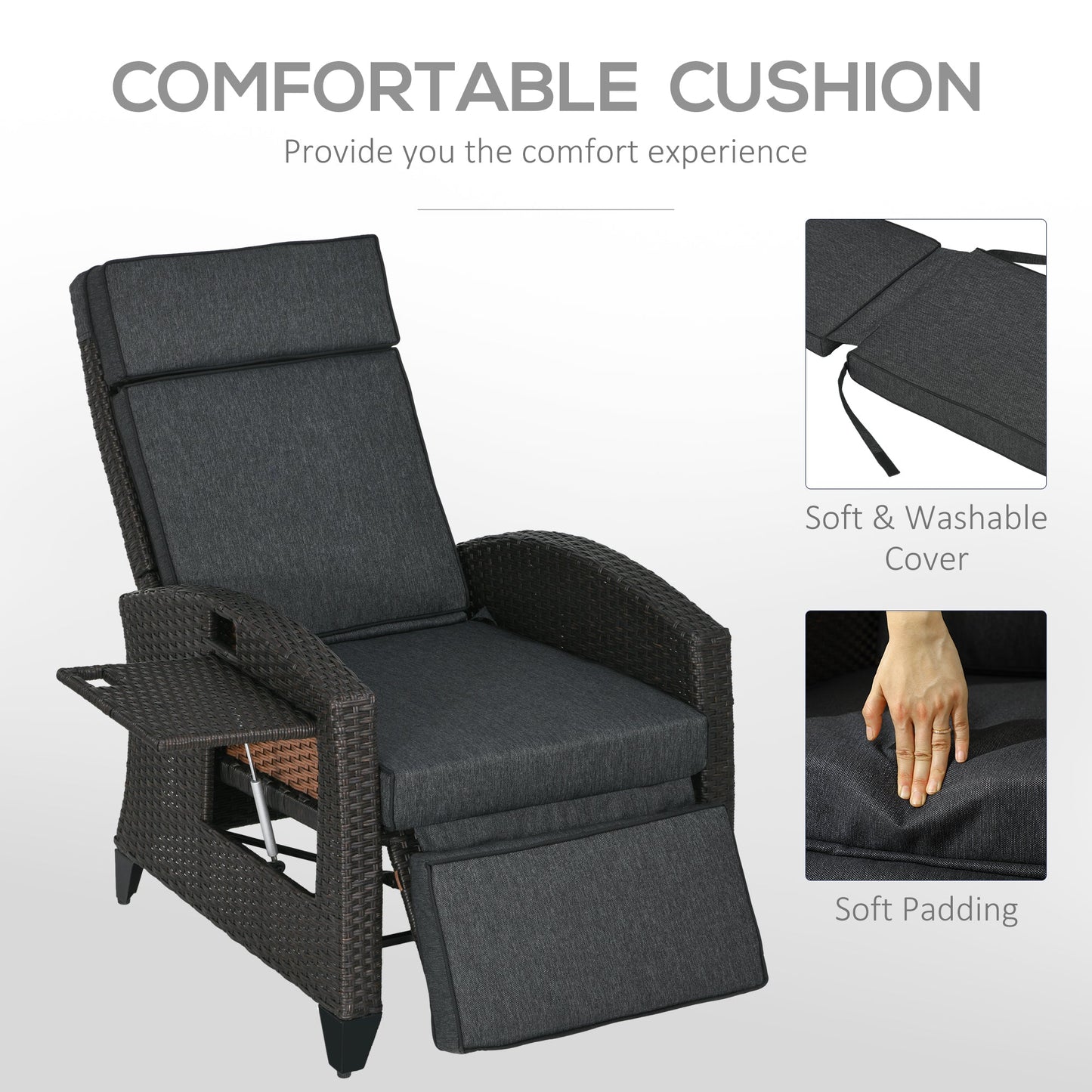 Outsunny Outdoor Recliner Chair with Cushion Rattan Reclining Lounge Chair