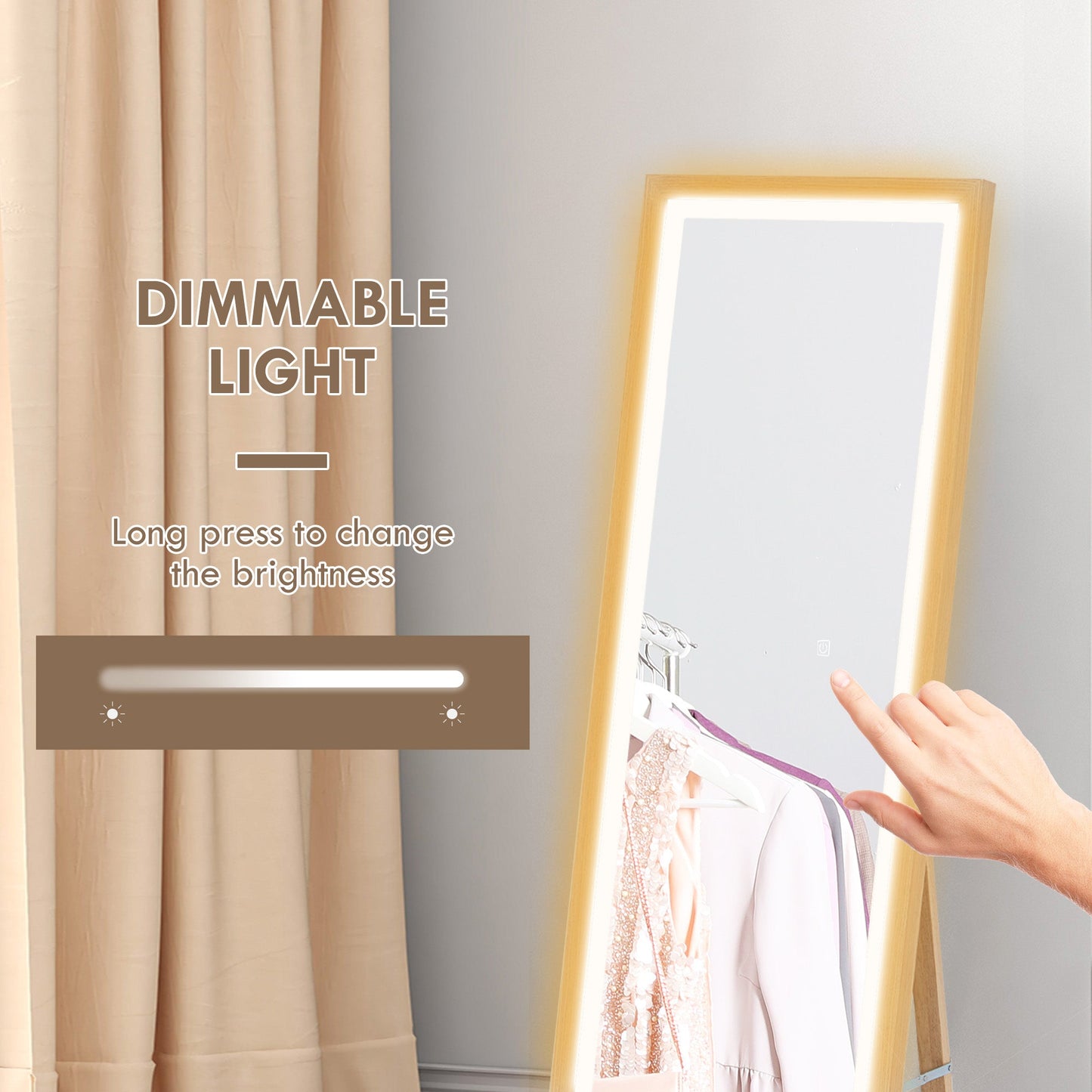 HOMCOM Dimming Full Length Mirror w/ Lights Standing Leaning Wall Mount Oak