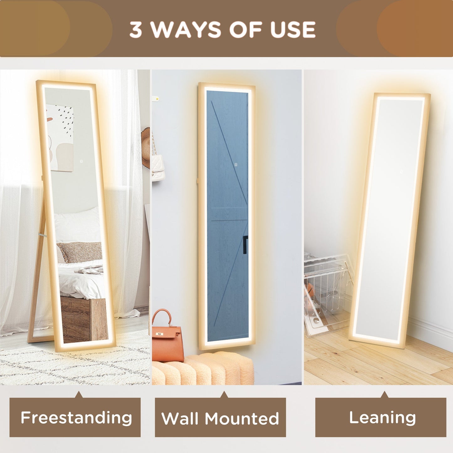HOMCOM Dimming Full Length Mirror w/ Lights Standing Leaning Wall Mount Oak