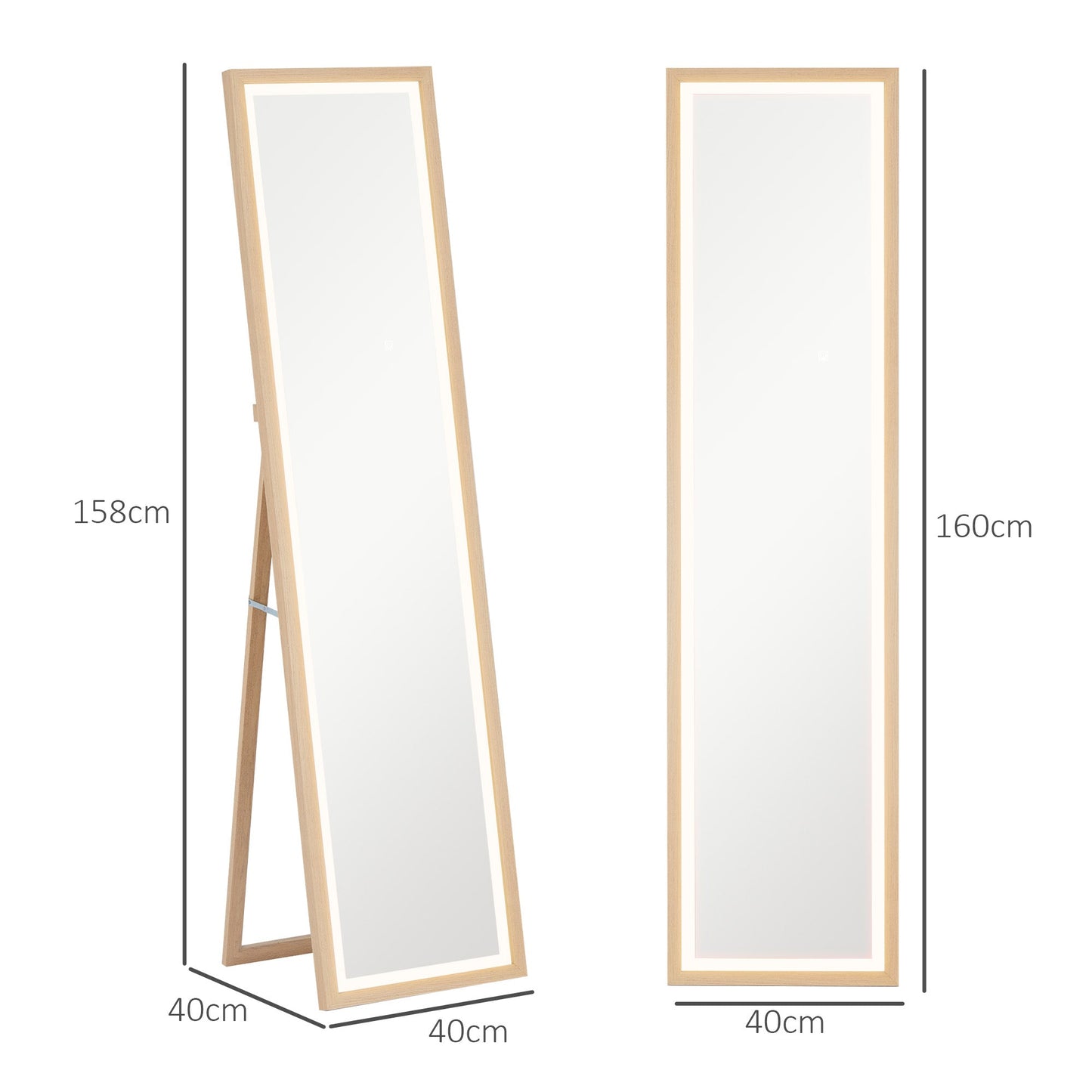 HOMCOM Dimming Full Length Mirror w/ Lights Standing Leaning Wall Mount Oak
