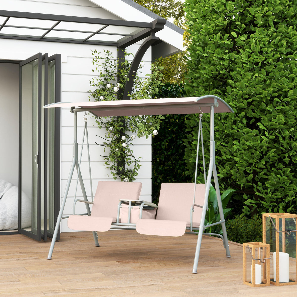 Outsunny 2 Person Covered Patio Swing with Pivot Table & Storage Console Beige