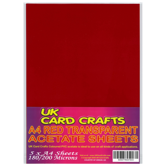 5 x A4 Red Acetate Sheets – 200 Micron Thick Transparent Film for Crafts & Church Window Cards