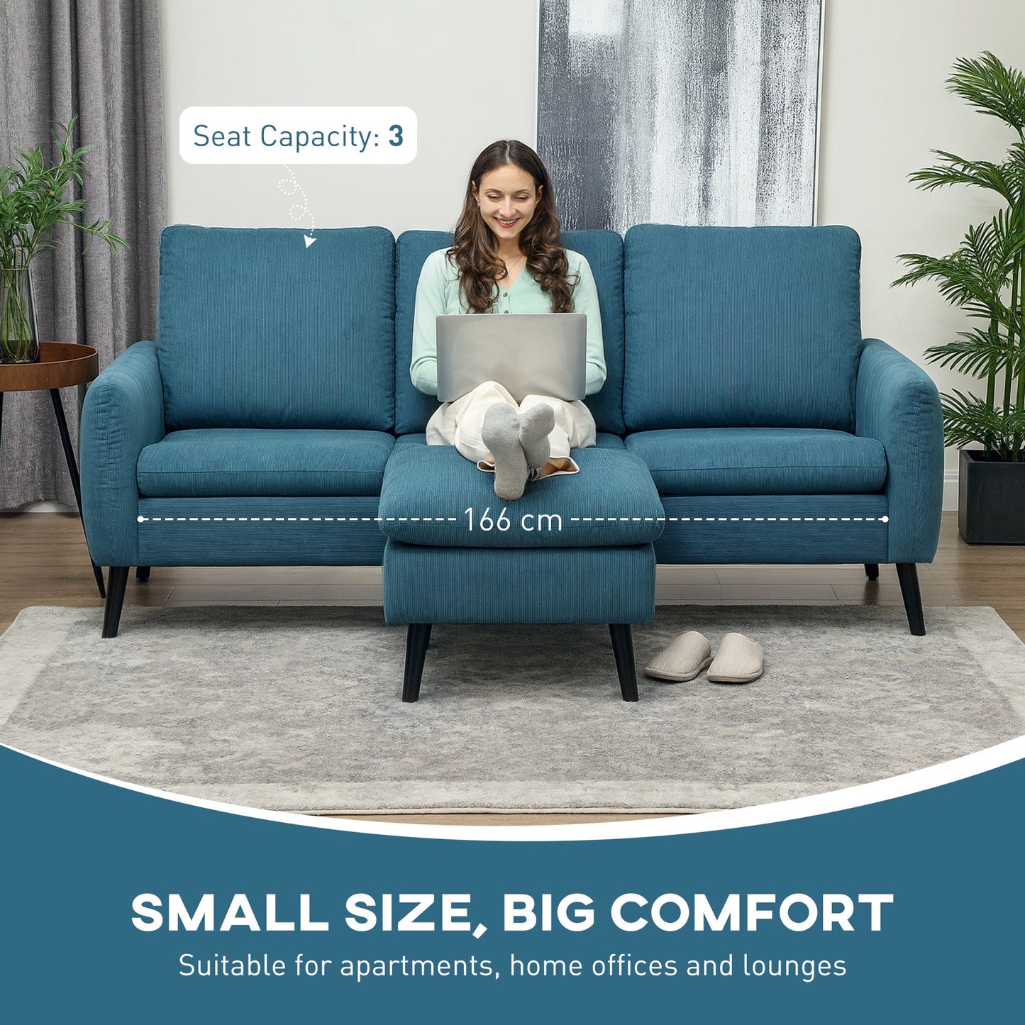 HOMCOM 3 Seater Corner Sofa Couch Settee with Chaise Lounge, Blue