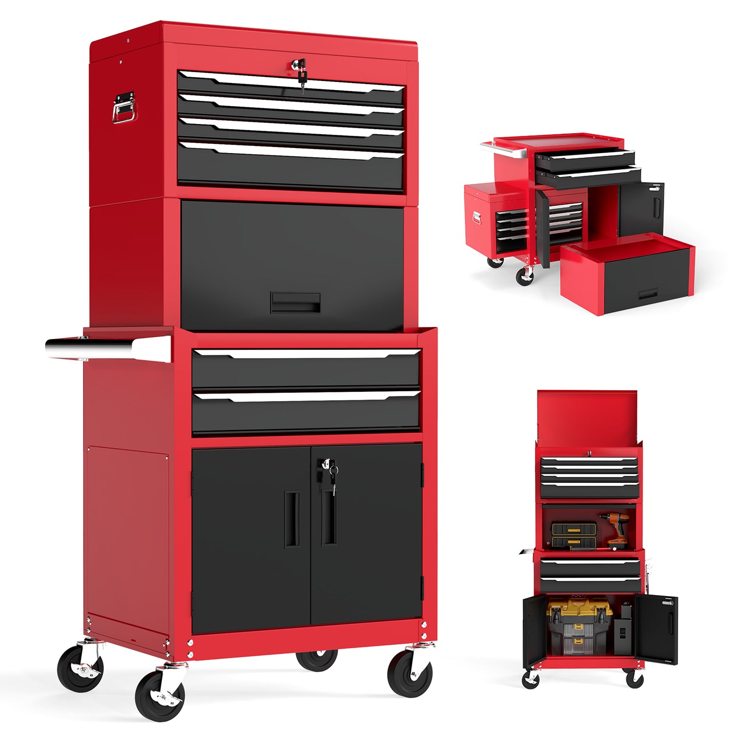 6-Drawer Rolling Tool Chest 2-in-1 with Universal Wheels and Hooks-Black-S