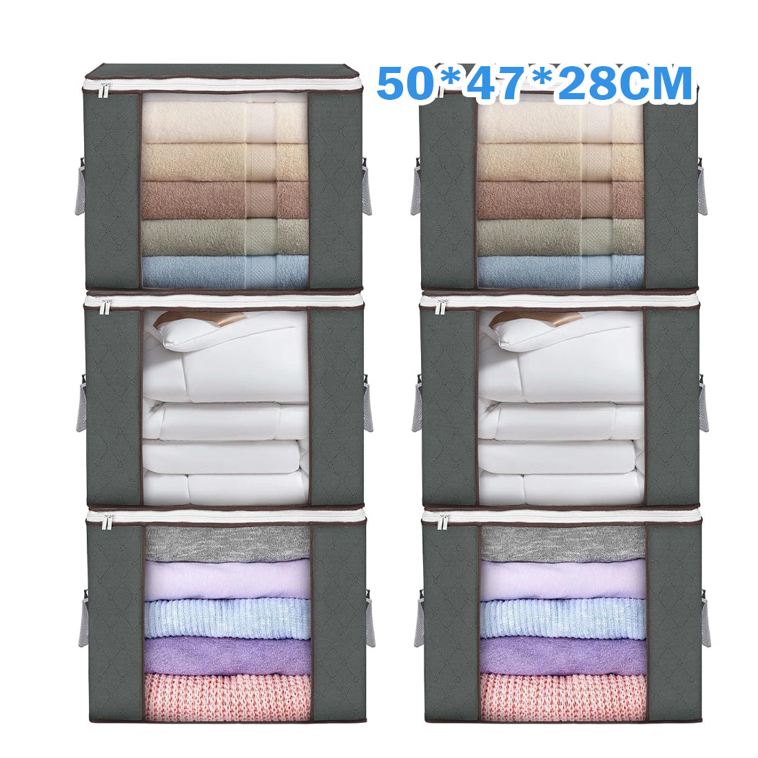 6 Pack 90L Storage Bags with Zips & Handles Grey Clothes Bedding Home Organiser