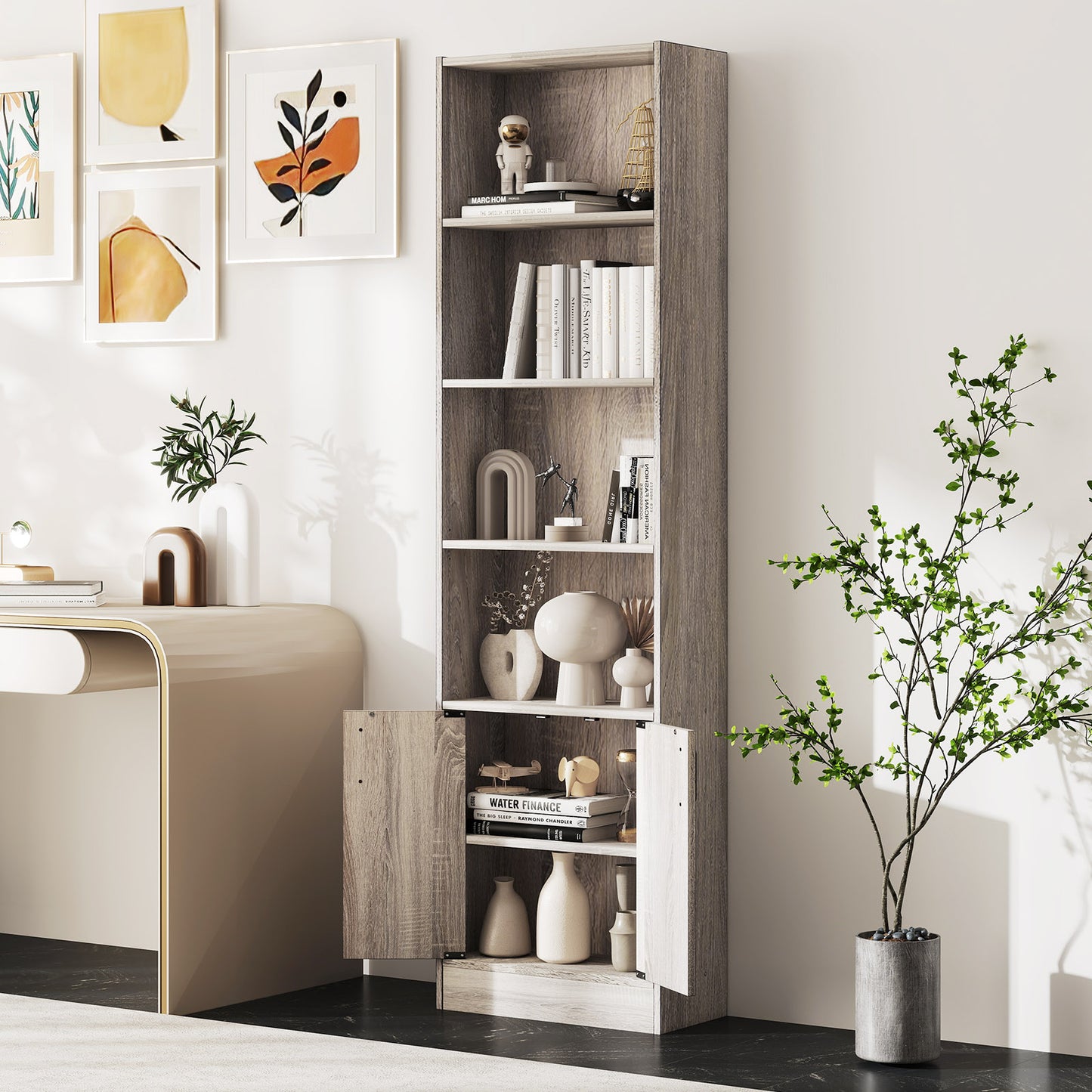 6-Tier 180cm Tall Bookshelf with Double Doors Open Cubes-Oak
