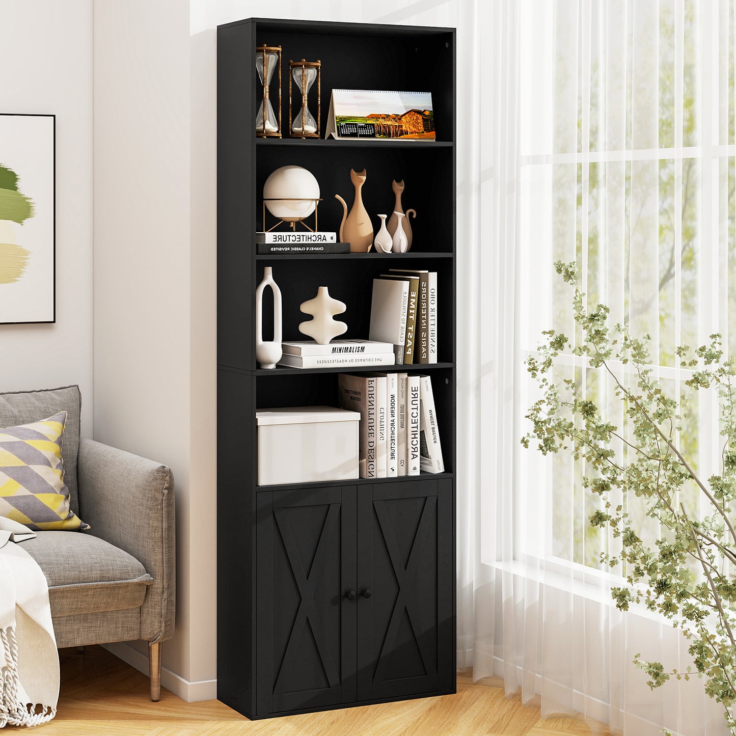 6-Tier Freestanding Bookcase with Farmhouse Style Cabinet Doors-White