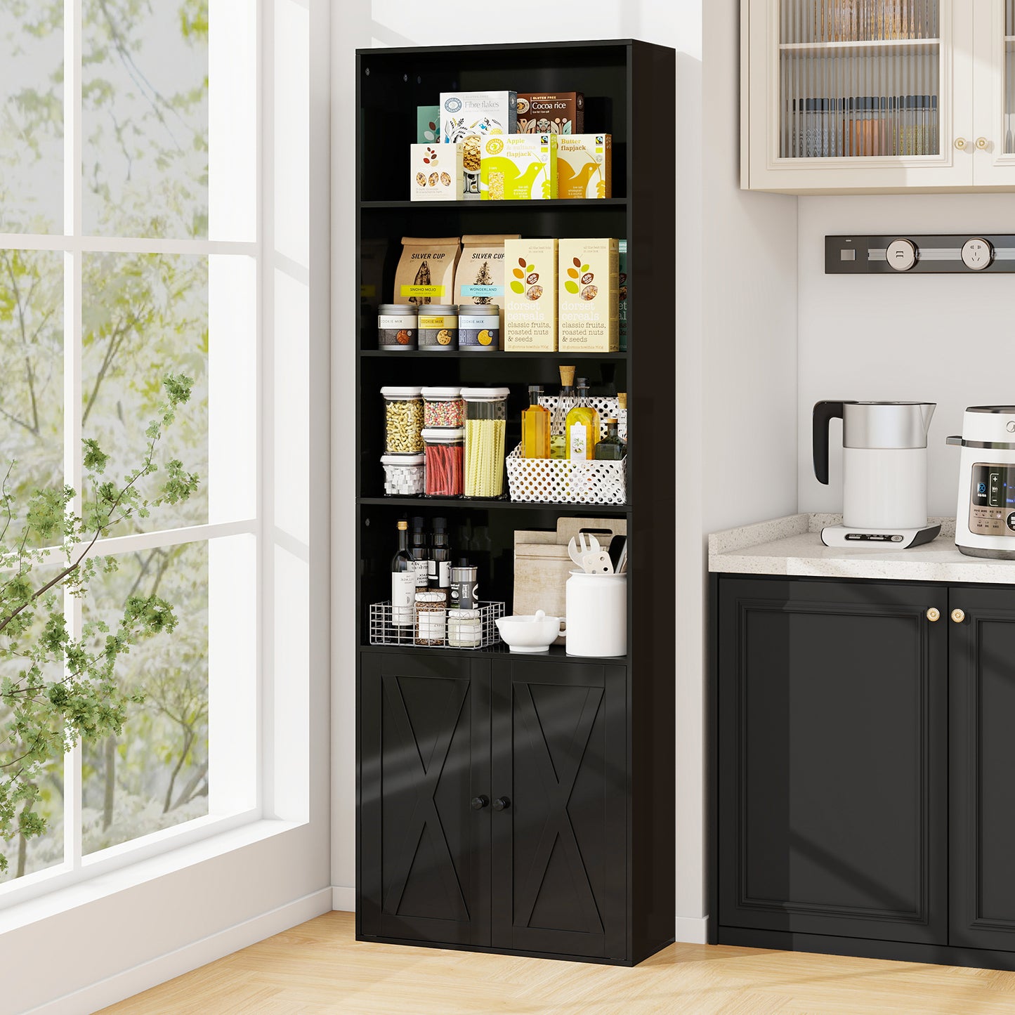 6-Tier Freestanding Bookcase with Farmhouse Style Cabinet Doors-White