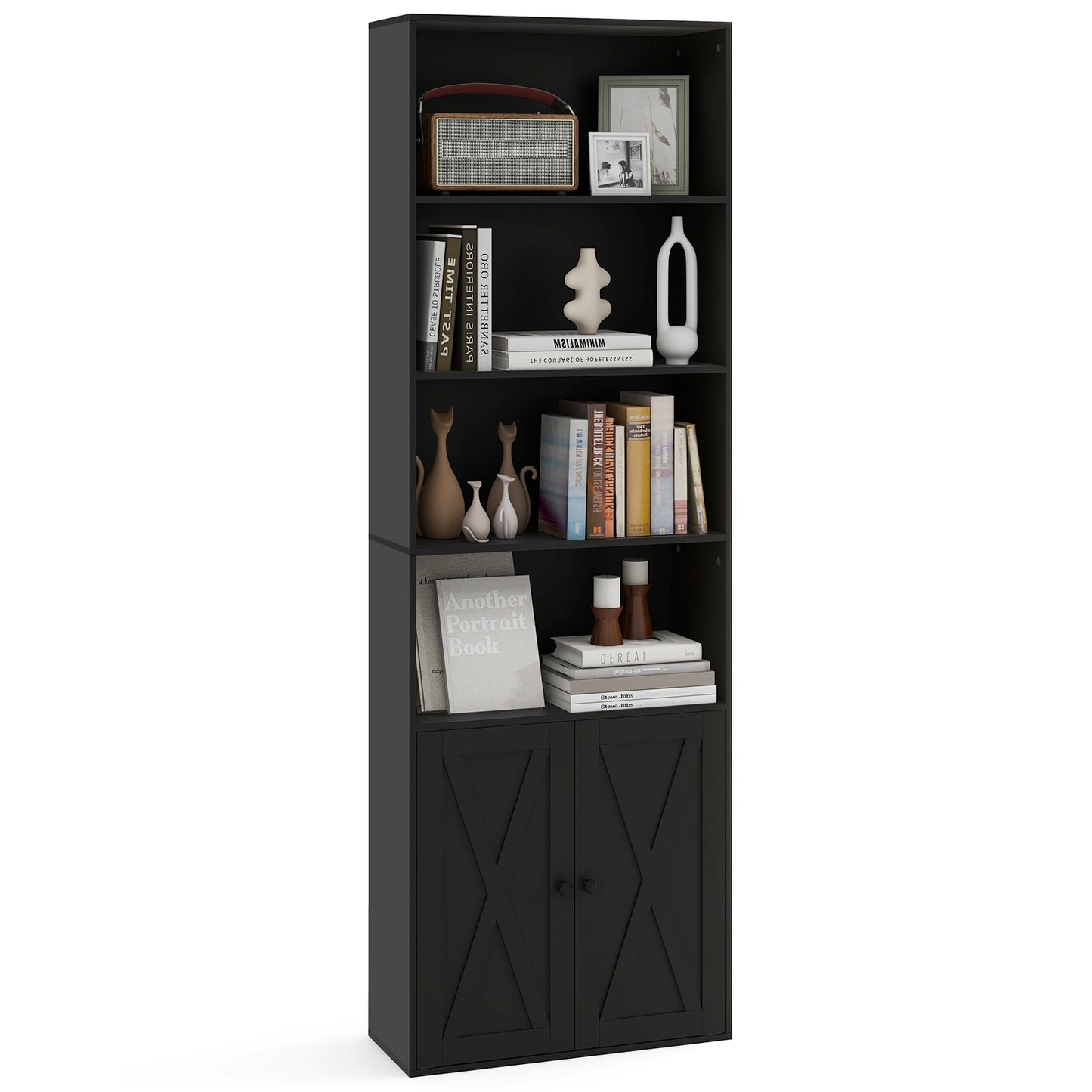 6-Tier Freestanding Bookcase with Farmhouse Style Cabinet Doors-White