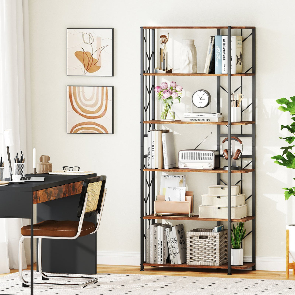 6-Tier Modern Geometric Bookcase with Heavy-duty Metal Frame for Study-White