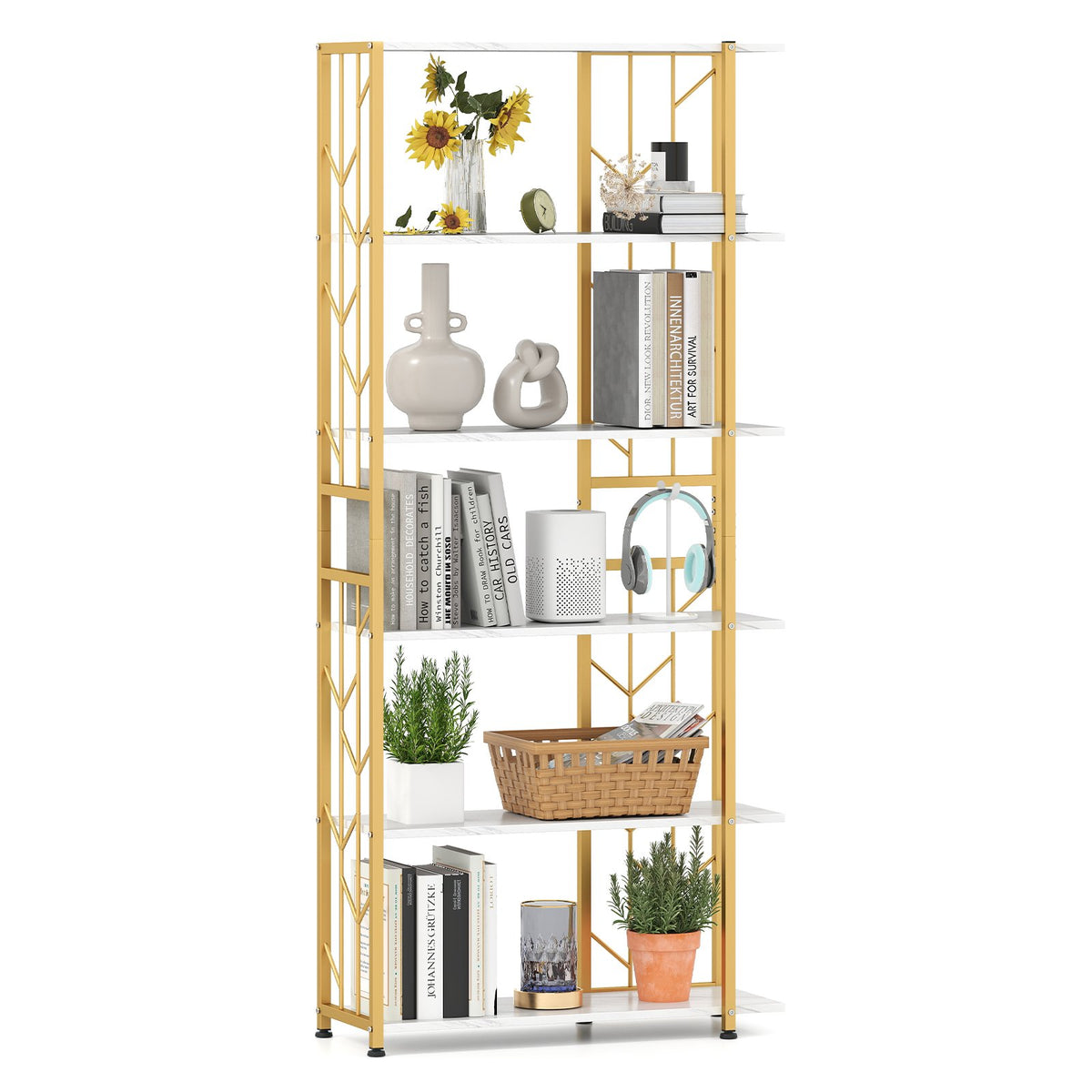 6-Tier Modern Geometric Bookcase with Heavy-duty Metal Frame for Study-White