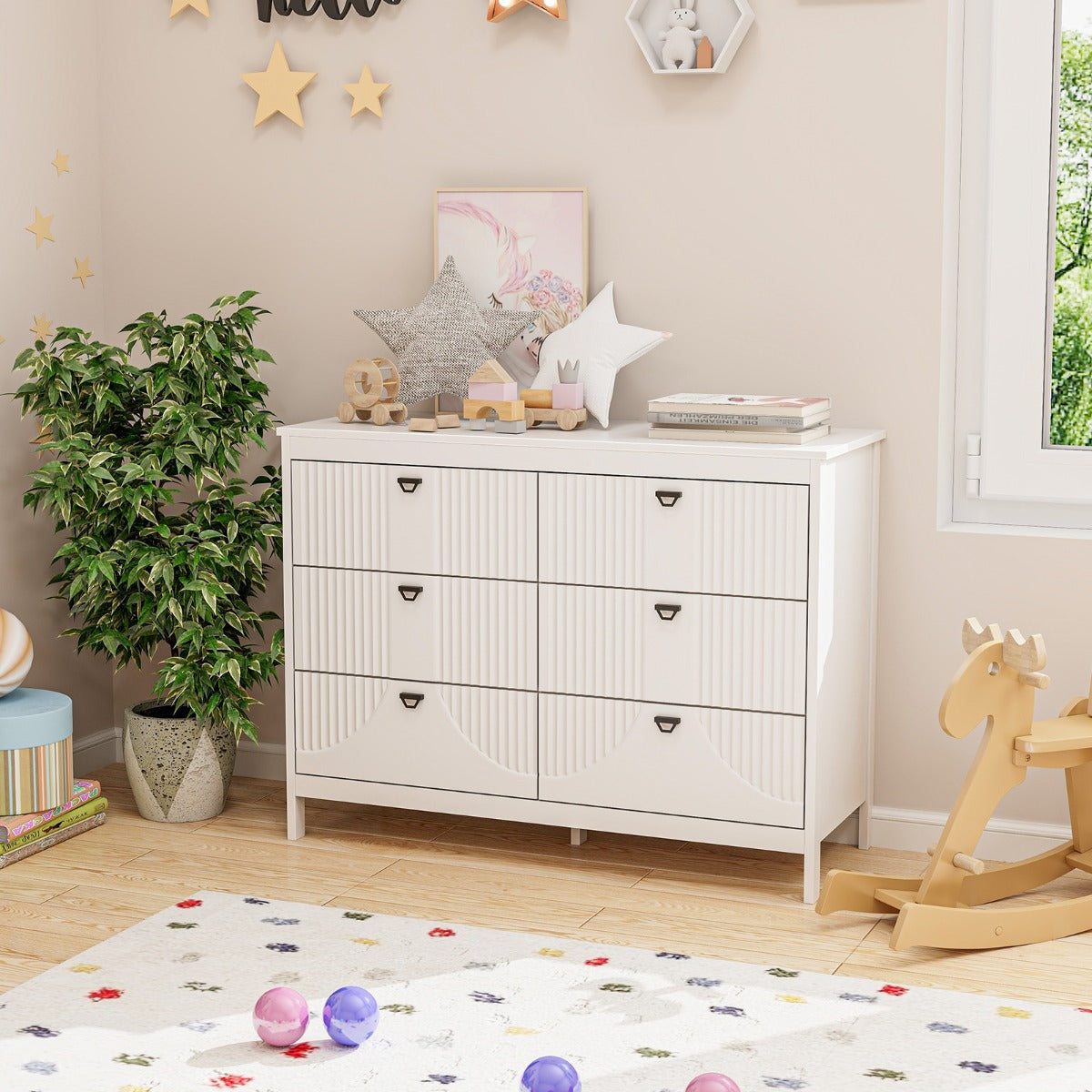 6-Drawer Wooden Chest of Drawers with Handles-white