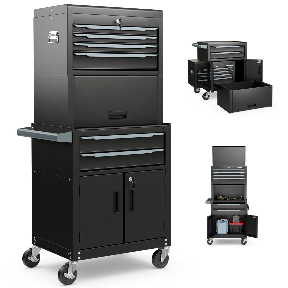 6-Drawer Rolling Tool Chest 2-in-1 with Universal Wheels and Hooks-Black-S