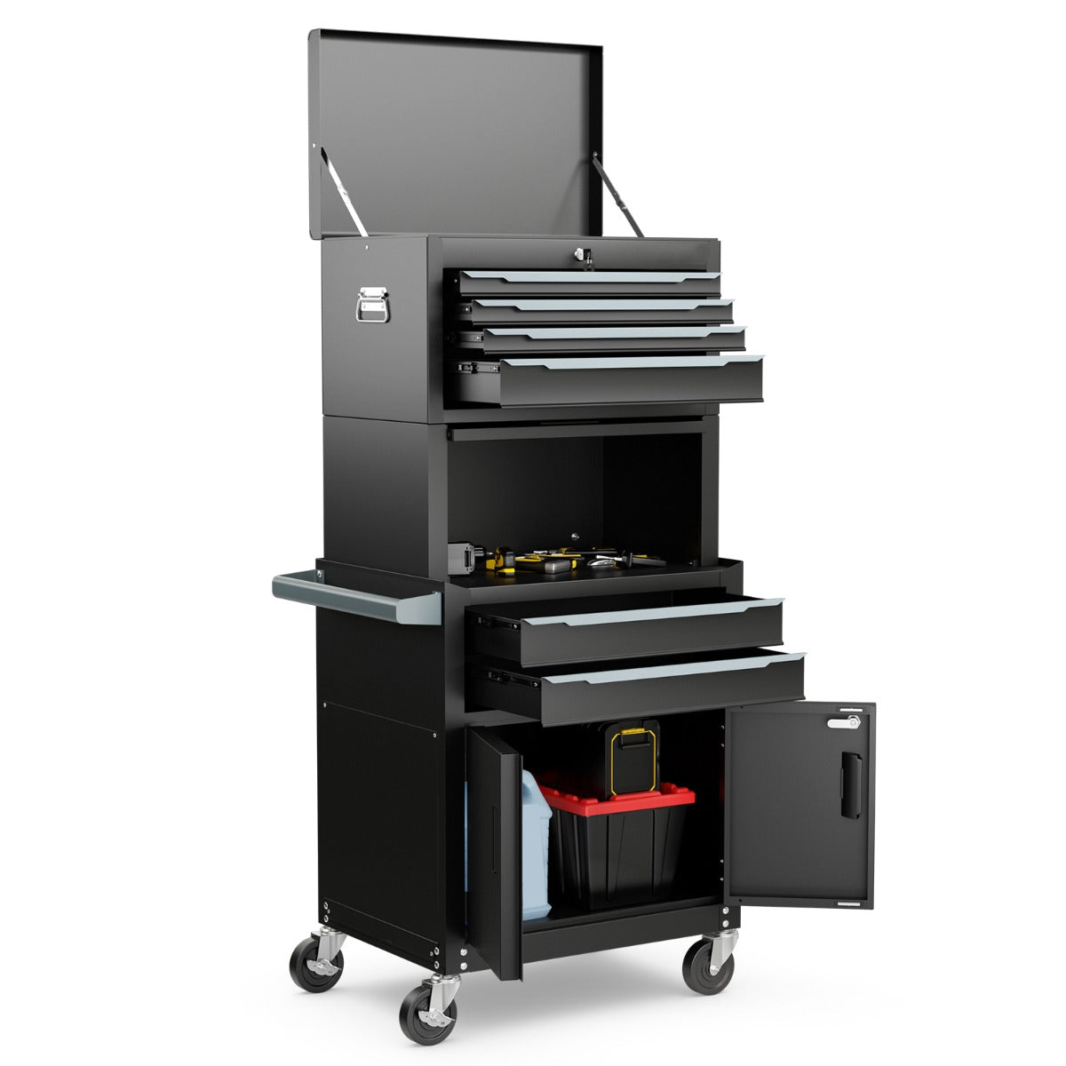 6-Drawer Rolling Tool Chest 2-in-1 with Universal Wheels and Hooks-Black-S