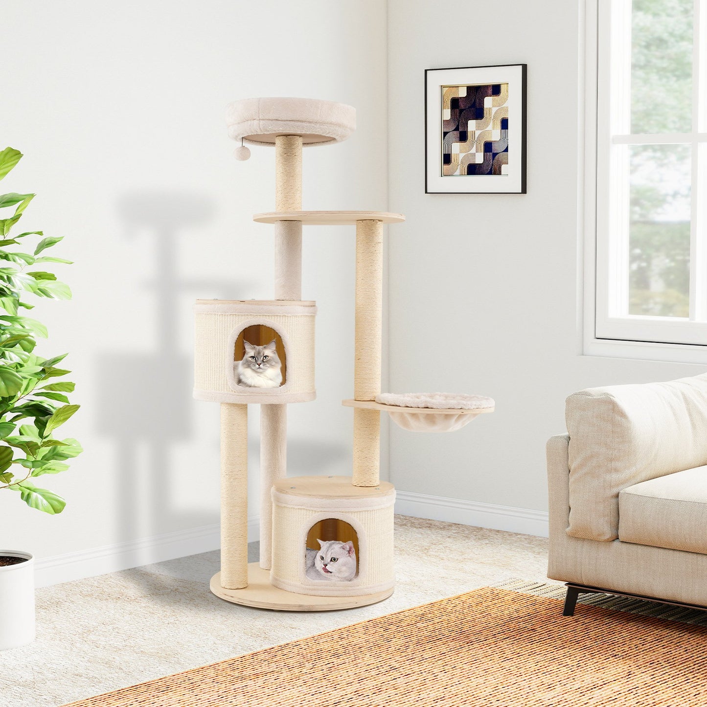 6-level Wooden cat tree with cat condo and sisal scratching posts  for indoor-Natural