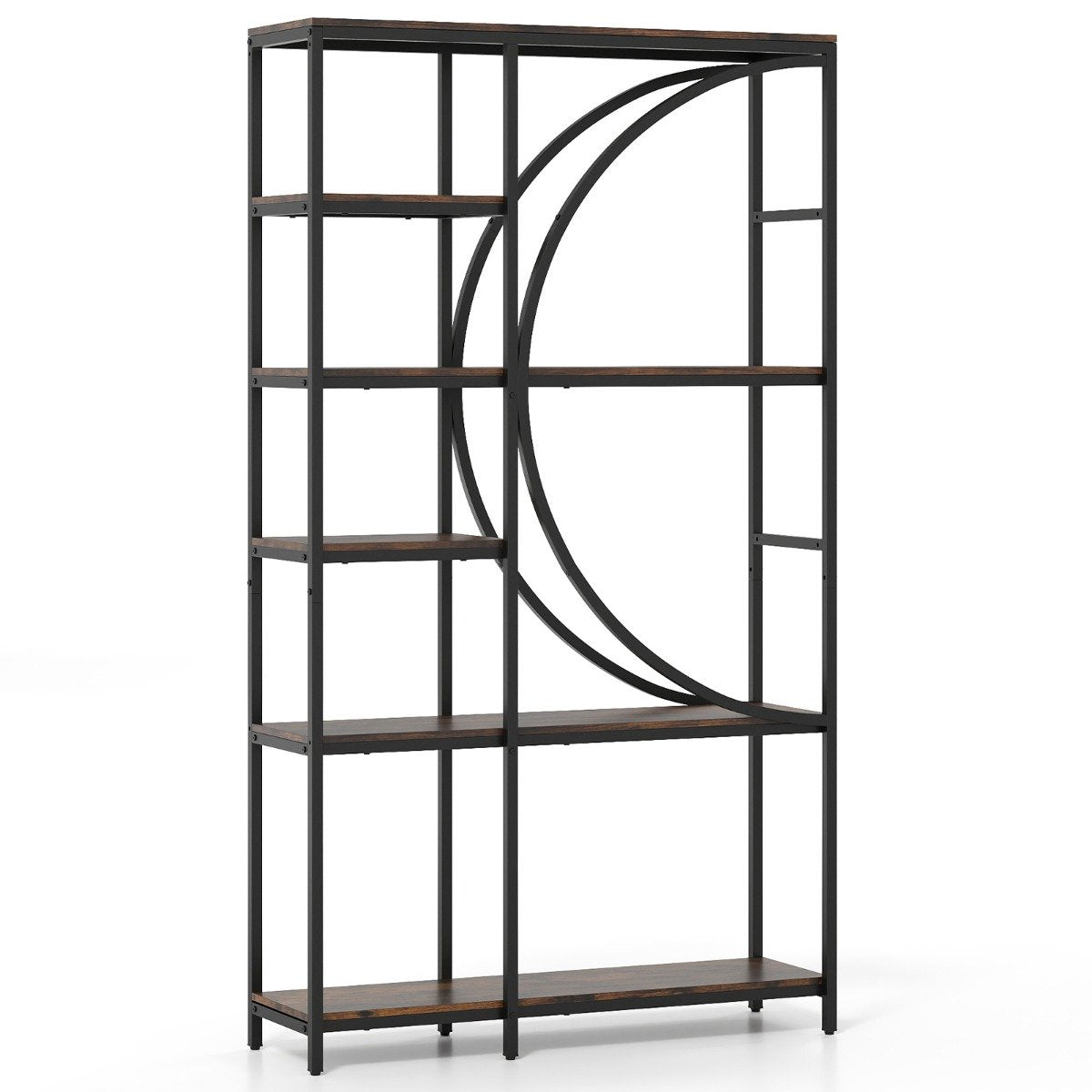 6-Tier Industrial Etagere Bookshelf with Open Storage Shelves and Arc-Shaped Design-Natural