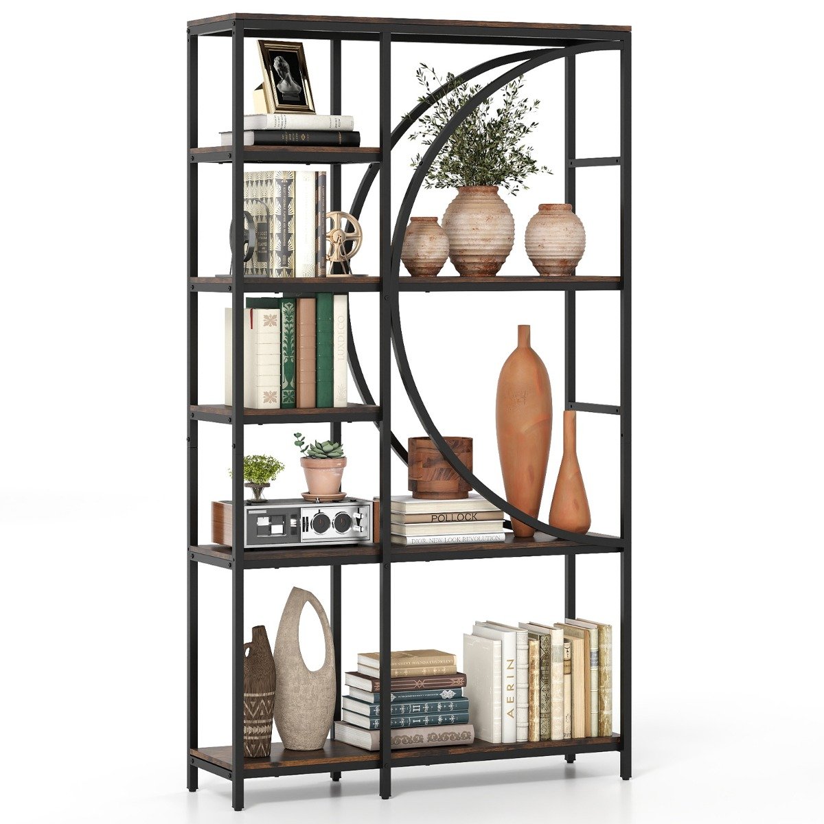 6-Tier Industrial Etagere Bookshelf with Open Storage Shelves and Arc-Shaped Design-Natural