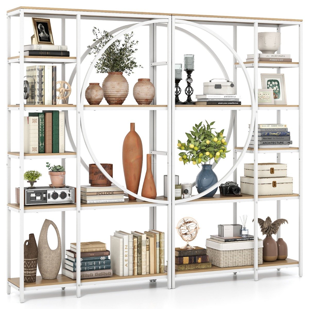 6-Tier Industrial Etagere Bookshelf with Open Storage Shelves and Arc-Shaped Design-Natural