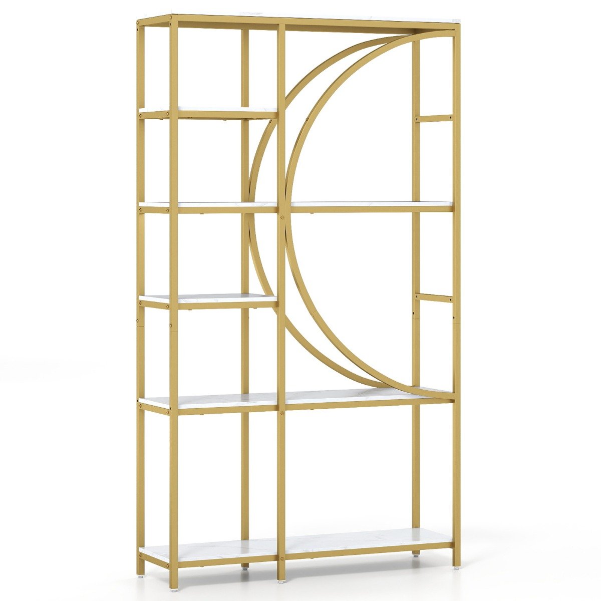 6-Tier Industrial Etagere Bookshelf with Open Storage Shelves and Arc-Shaped Design-Natural