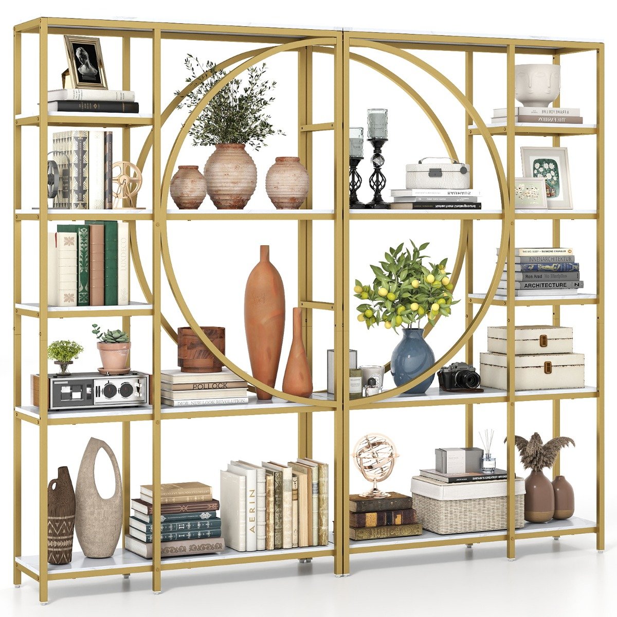 6-Tier Industrial Etagere Bookshelf with Open Storage Shelves and Arc-Shaped Design-Natural