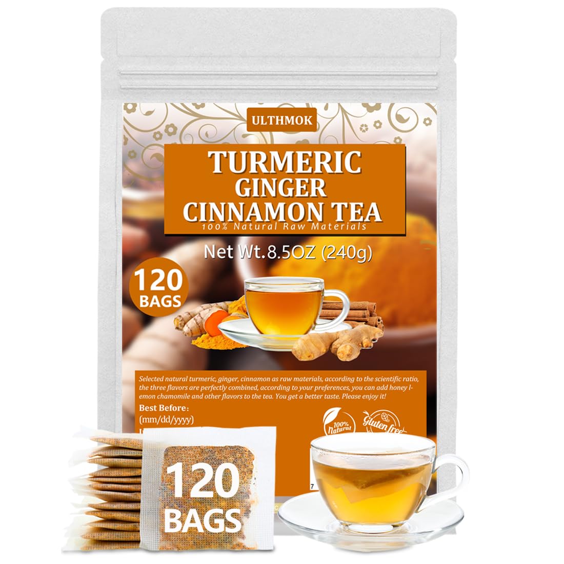 ULTHMOK Premium 120 Turmeric, Ginger, Cinnamon Tea Bags, 100% Natural & No Additives & Caffeine Free.?