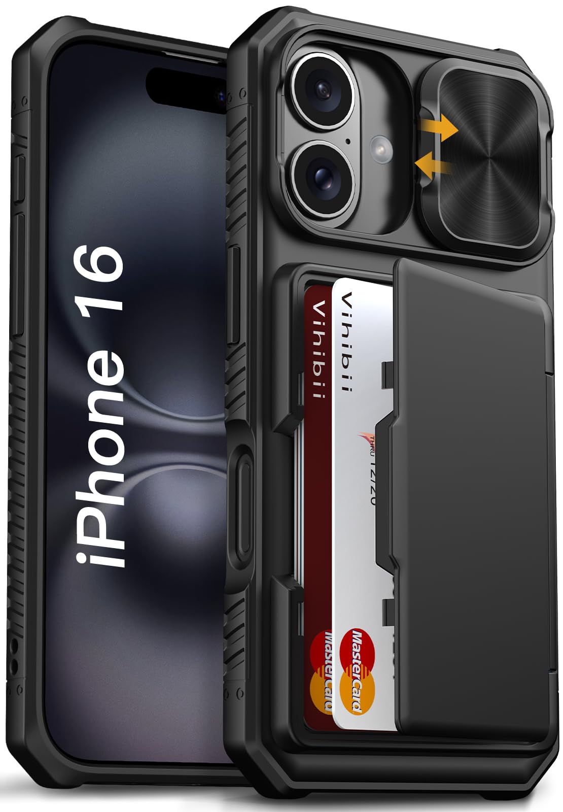 Vihibii for iPhone 16 Case Wallet with Card Holder (4 Cards) [RFID Blocking] & Slide Camera Cover, Military Grade Drop Protection, Rugged Hard Back &