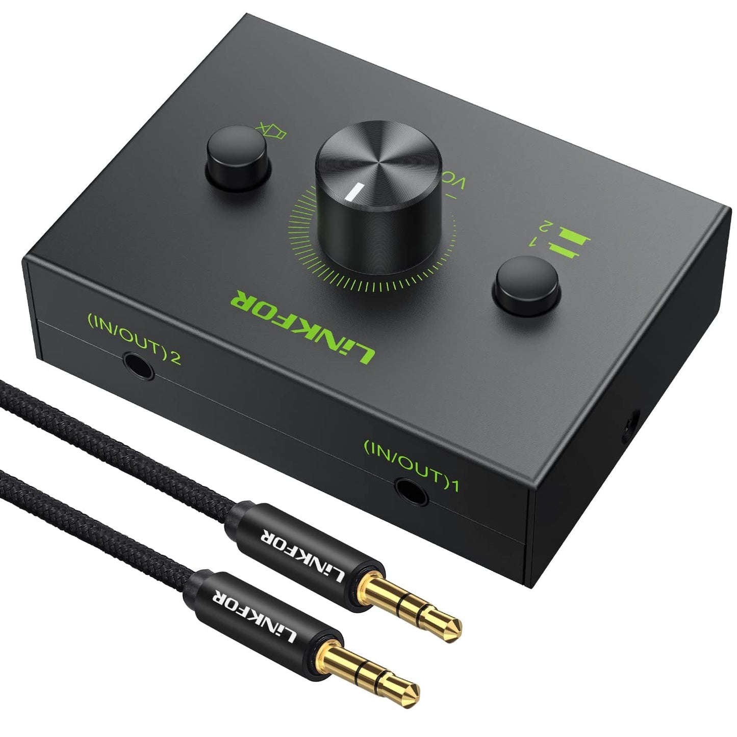 LiNKFOR 3.5mm Stereo Audio Switcher - Bi-Directional 2-in-1-out & 1-in-2-out Selector with Volume Control & Mute Button for PC, Laptop, Phone, Speaker
