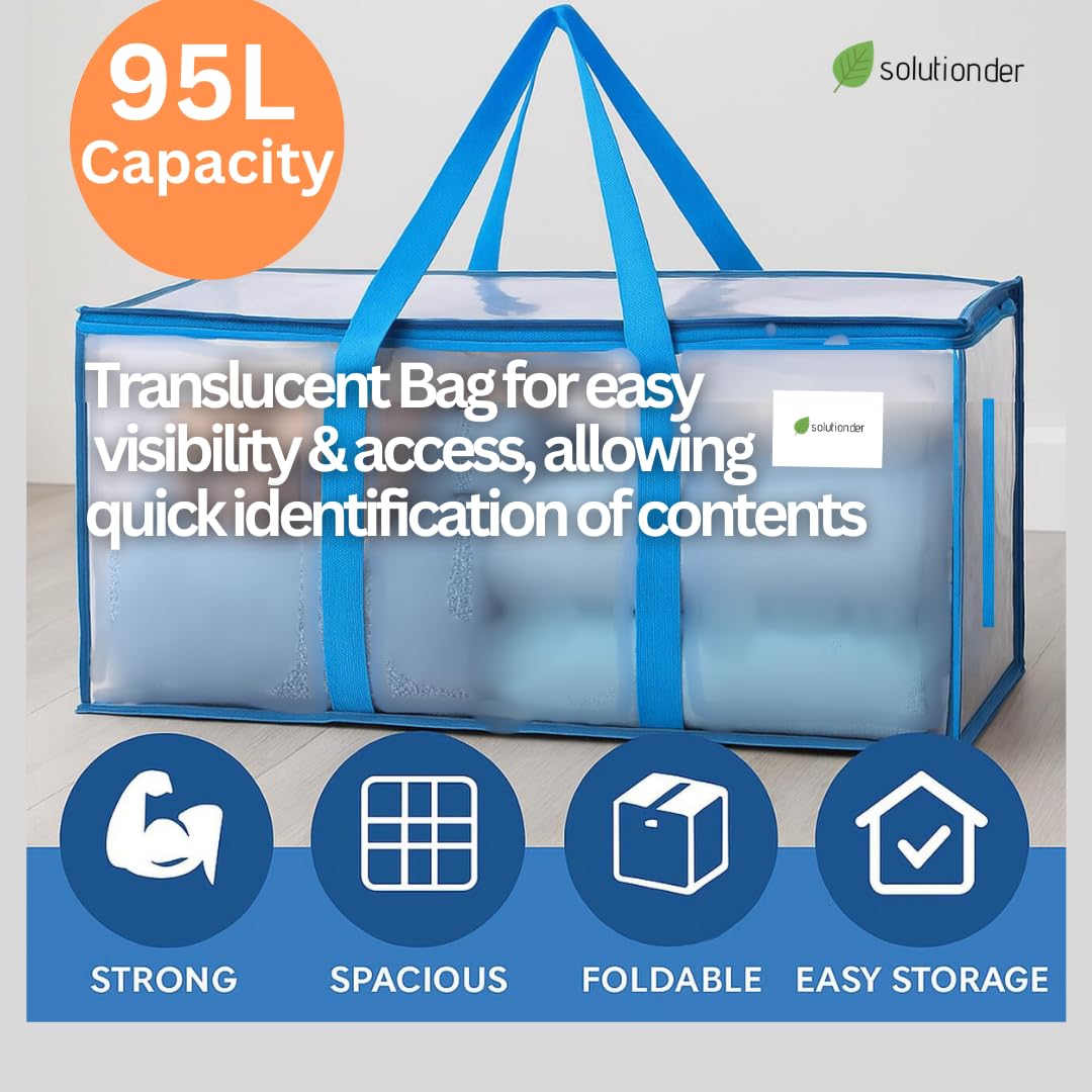 Pack of 2 Clear Heavy Duty Extra Large Moving Bags with Zipper & Handles – Reusable Foldable Storage Bags for Clothes, Laundry, Camping Gear