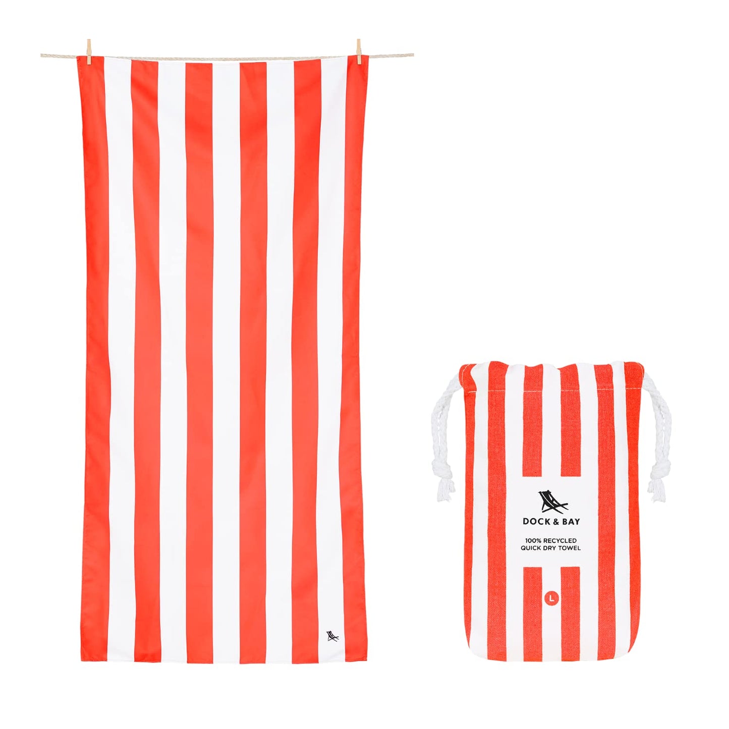 Dock & Bay Beach Towel - Quick Dry, Sand Free - Compact, Lightweight - 100% Recycled - Includes Bag - Cabana - Waikiki Coral Red - Large (160x90cm,