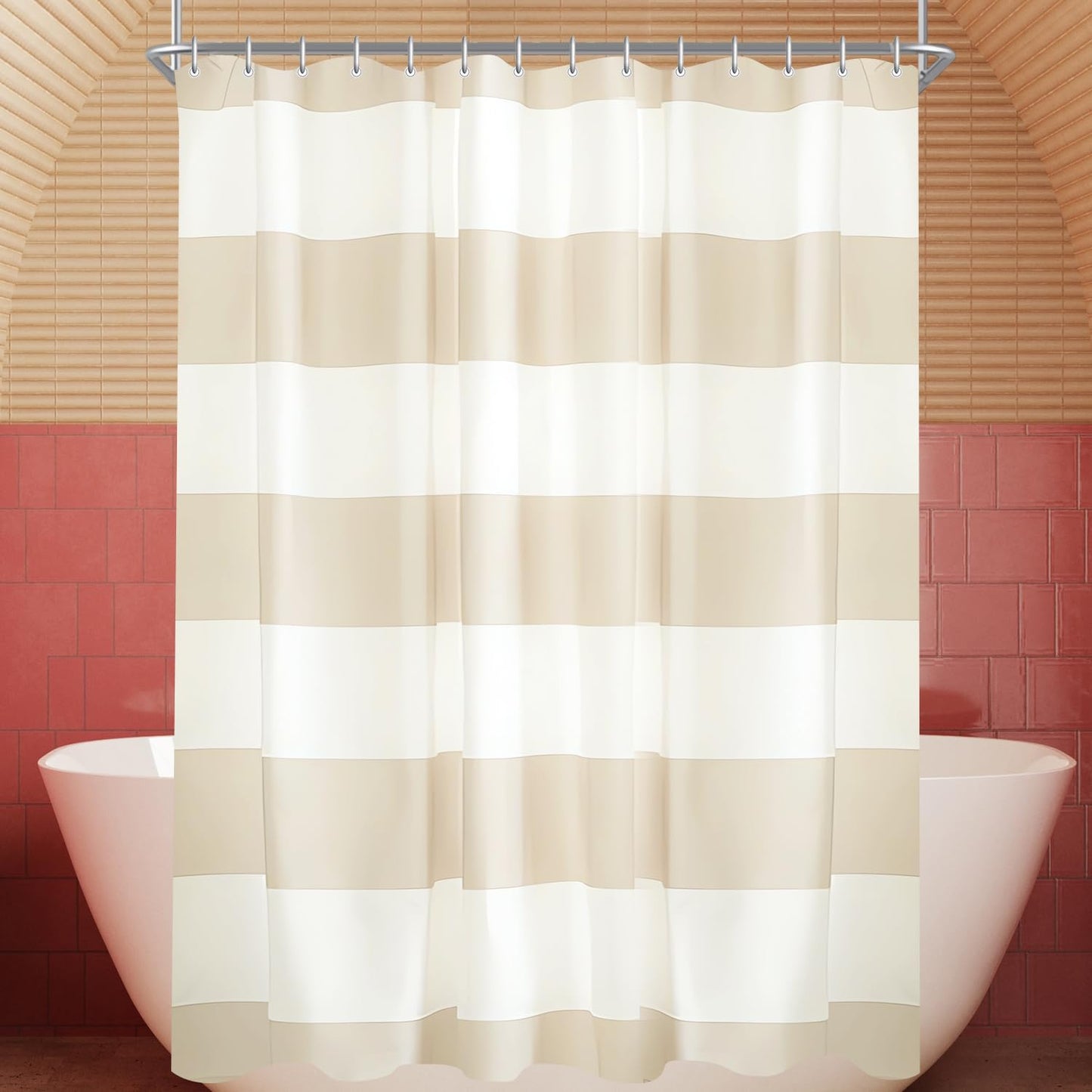 Lerores Shower Curtain, 80 x 180 cm, Beige Stripes, Weighted Hem, Anti-Mould Textile, Water-Repellent, Washable Polyester Bath Curtains with Eyelets